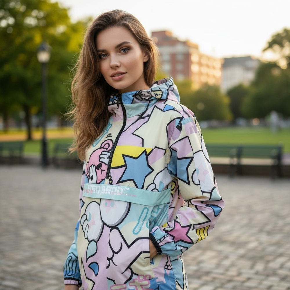 Womens Windbreaker Jacket Large Kidcore Streetwear Cartoon Pastel Twee Kawaii